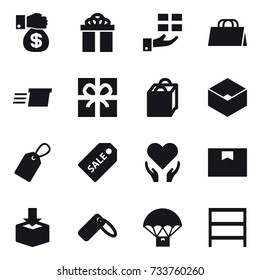 16 vector icon set : money gift, gift, shopping bag, delivery, box, label, sale label, rack