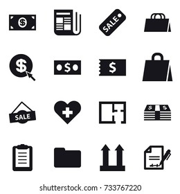 16 vector icon set : money, newspaper, sale, shopping bag, dollar arrow, receipt, plan