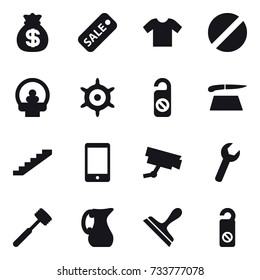 16 vector icon set : money bag, sale, t-shirt, handwheel, do not distrub, cutting board, stairs, meat hammer, jug, scraper