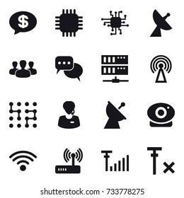 16 vector icon set : money message, chip, satellite antenna, group, discussion, server, antenna