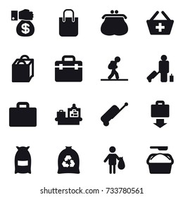 16 vector icon set : money gift, shopping bag, purse, add to basket, tourist, passenger, suitcase iocn, baggage checking, suitcase, baggage get, flour, garbage bag, trash, washing powder