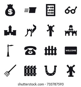 16 vector icon set : money bag, delivery, abacus, castle, greate wall, windmill, fort, outdoor light, phone, fence, welcome mat, fork, horseshoe