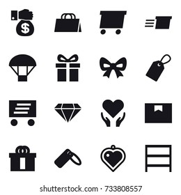 16 vector icon set : money gift, shopping bag, delivery, parachute, gift, bow, label, diamond, heart pendant, rack