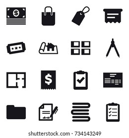 16 vector icon set : money, shopping bag, label, atm receipt, ticket, project, panel house, drawing compass, plan, towels, clipboard list