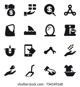 16 vector icon set : money gift, gift, dollar arrow, spinner, shark flipper, mirror, coffee maker, harvest, hand leaf, scoop, wiping, handle washing