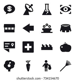 16 vector icon set : money message, satellite antenna, flask, eye identity, market, left arrow, flower bed, stadium, first aid, seedling, tomato, garden, carrot, trash, rake