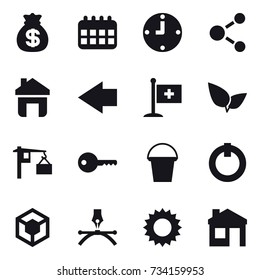 16 vector icon set : money bag, calendar, clock, molecule, home, left arrow, key, bucket, sun, house
