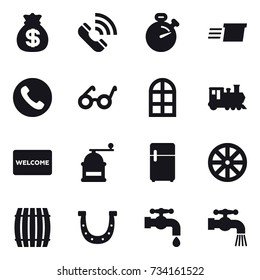 16 vector icon set : money bag, call, stopwatch, delivery, phone, arch window, train, welcome mat, hand mill, wheel, barrel, horseshoe, water tap