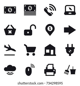 16 vector icon set : money, call, notebook, delete cart, unlock, dollar pin, right arrow, arrival, cart, home, bucket and broom