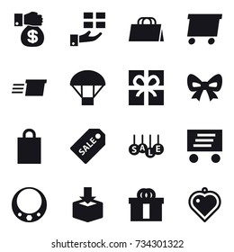 16 vector icon set : money gift, gift, shopping bag, delivery, parachute, bow, sale label, sale, necklace, heart pendant