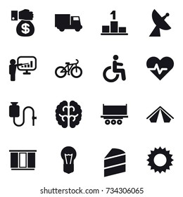 16 vector icon set : money gift, truck, pedestal, satellite antenna, presentation, bike, tent, wardrobe, sun