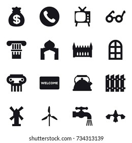16 vector icon set : money bag, phone, tv, column, minaret, gothic architecture, arch window, antique column, welcome mat, kettle, fence, windmill, water tap, hard reach place cleaning
