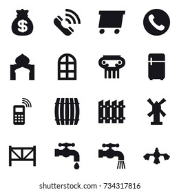 16 vector icon set : money bag, call, delivery, phone, minaret, arch window, antique column, fridge, barrel, fence, windmill, farm fence, water tap, hard reach place cleaning