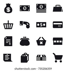 16 vector icon set : money bag, money, shopping bag, basket, hand coin, credit card, account balance, purse, delete cart, market, shopping list, cart