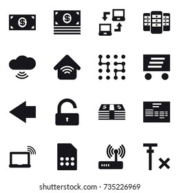 16 vector icon set : money, notebook connect, server, cloud wireless, wireless home, chip, delivery, left arrow, unlock