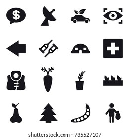 16 vector icon set : money message, satellite antenna, eco car, eye identity, left arrow, dome house, first aid, life vest, seedling, pear, spruce, peas, trash