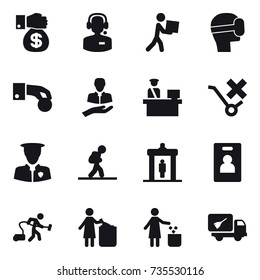 16 vector icon set : money gift, call center, courier, virtual mask, hand coin, tourist, detector, identity card, vacuum cleaner, garbage bin, home call cleaning
