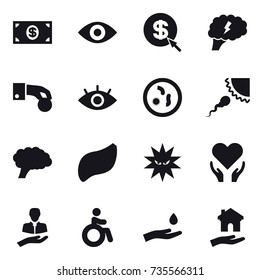 16 vector icon set : money, eye, dollar arrow, brain, hand coin, invalid, hand and drop, housing