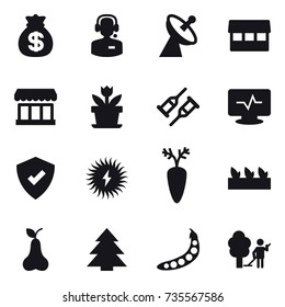 16 vector icon set : money bag, call center, satellite antenna, market, flower, seedling, pear, spruce, peas, garden cleaning