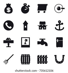 16 vector icon set : money bag, stopwatch, delivery, cell corection, phone, tower, japanese house, restaurant, photo, water tap, fork, barrel, fence, horseshoe