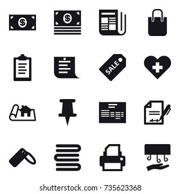 16 vector icon set : money, newspaper, shopping bag, clipboard, shopping list, sale label, project, towels, hand dryer