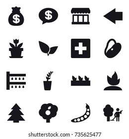 16 vector icon set : money bag, money message, market, left arrow, flower, first aid, watering, seedling, sprouting, spruce, garden, peas, garden cleaning