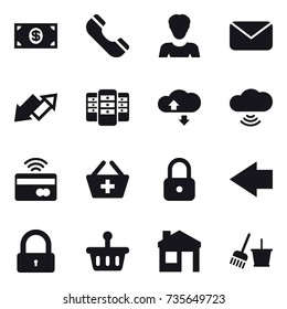 16 vector icon set : money, phone, woman, mail, up down arrow, server, cloude service, cloud wireless, tap to pay, add to basket, lock, left arrow, house, bucket and broom