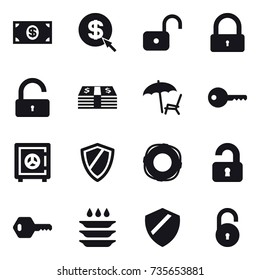 16 vector icon set : money, dollar arrow, unlock, lock, lounger, key, safe, shield, lifebuoy, unlocked, plate washing