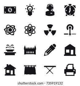 16 vector icon set : money, bulb, call center, alarm clock, atom, nuclear, laser, fountain, gothic architecture, pencil, home, curtain, iron board