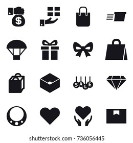 16 vector icon set : money gift, gift, shopping bag, delivery, parachute, bow, box, sale, diamond, necklace