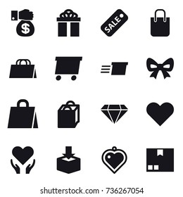 16 vector icon set : money gift, gift, sale, shopping bag, delivery, bow, diamond, heart pendant, package