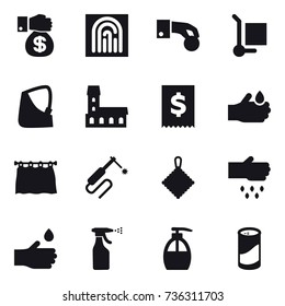 16 vector icon set : money gift, fingerprint, hand coin, cargo stoller, mansion, curtain, rag, sow, hand drop, sprayer, liquid soap, cleanser powder