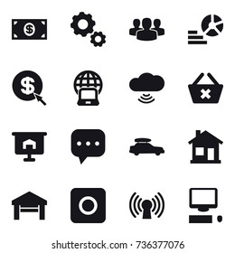 16 vector icon set : money, gear, group, diagram, dollar arrow, notebook globe, cloud wireless, delete cart, presentation, car baggage, home, garage, ring button