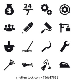 16 vector icon set : money bag, 24/7, gear, around gear, group, pencil, repair, rake, sickle, wrench, blower, vacuum cleaner, iron