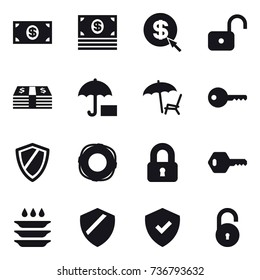 16 vector icon set : money, dollar arrow, unlock, lounger, key, shield, lifebuoy, locked, plate washing