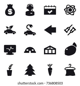 16 vector icon set : money bag, call center, calendar, atom, eco car, electric car, left arrow, dome house, greenhouse, seedling, spruce, carrot, hanger