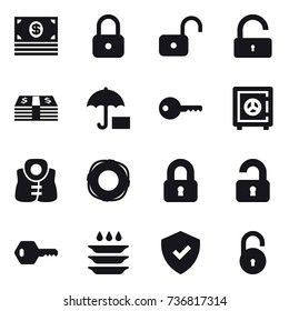 16 vector icon set : money, lock, unlock, key, safe, life vest, lifebuoy, locked, unlocked, plate washing