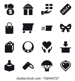 16 vector icon set : money gift, gift, sale, shopping bag, delivery, bow, necklace, heart pendant
