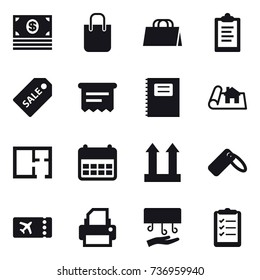 16 vector icon set : money, shopping bag, clipboard, sale label, atm receipt, copybook, project, plan, ticket, hand dryer, clipboard list