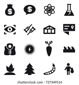 16 vector icon set : money bag, money message, atom, flask, eye identity, greenhouse, life vest, seedling, sprouting, spruce, peas, trash