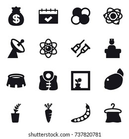 16 vector icon set : money bag, calendar, atom core, atom, satellite antenna, stadium, life vest, flower in window, seedling, carrot, peas, hanger