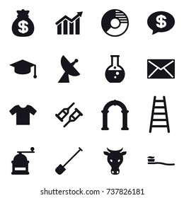 16 vector icon set : money bag, diagram, circle diagram, money message, graduate hat, satellite antenna, round flask, mail, t-shirt, arch, stairs, hand mill, shovel, cow, tooth brush