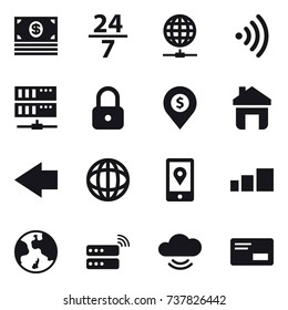 16 vector icon set : money, 24/7, globe connect, wireless, server, lock, dollar pin, home, left arrow, earth