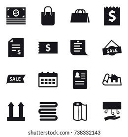 16 vector icon set : money, shopping bag, receipt, account balance, shopping list, sale, calendar, project, towels, paper towel, hand dryer