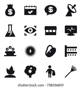 16 vector icon set : money bag, calendar, money message, satellite antenna, flask, eye identity, market, flower bed, watering, sprouting, garden, trash, rake