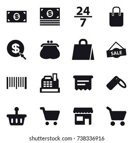 16 vector icon set : money, 24/7, shopping bag, dollar arrow, purse, sale, barcode, cashbox, atm receipt, shop, cart