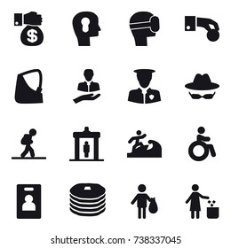 16 vector icon set : money gift, bulb head, virtual mask, hand coin, tourist, detector, surfer, invalid, identity card, trash, garbage bin