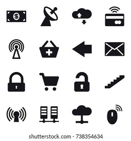 16 vector icon set : money, satellite antenna, cloude service, tap to pay, antenna, add to basket, left arrow, mail, lock, unlocked, stairs
