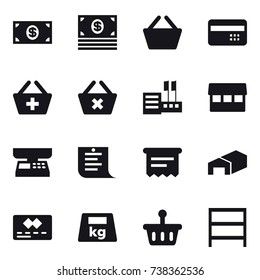 16 vector icon set : money, basket, credit card, add to basket, delete cart, store, market, market scales, shopping list, atm receipt, warehouse, rack