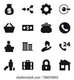16 vector icon set : money bag, core splitting, gear, cell corection, basket, money, purse, phone, district, real estate, passenger, suitcase, locked, house
